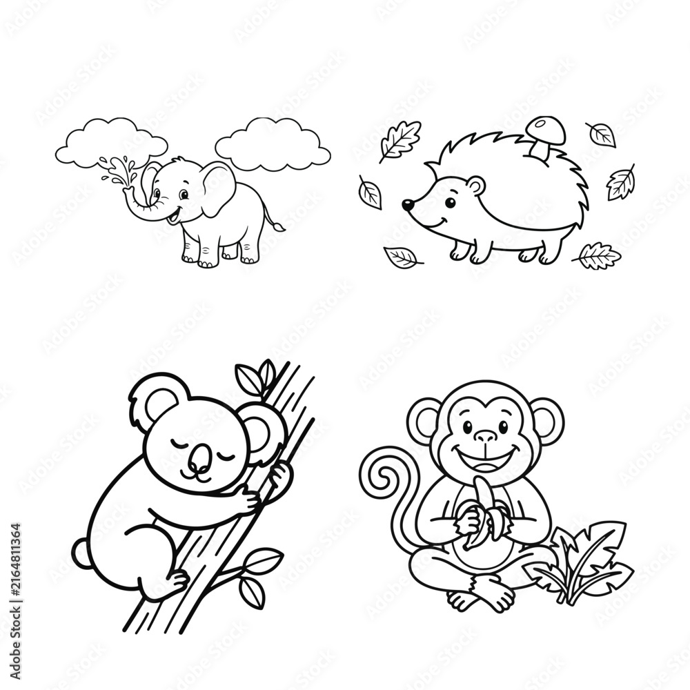 Fototapeta premium Cute Animal Coloring Pages Featuring Elephant, Hedgehog, Koala, and Monkey with Nature Elements for Kids
