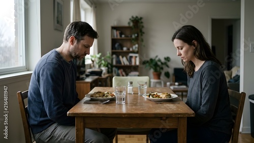 A couple sits silently at a dinner table, each with a plate of food, but neither looking at it.