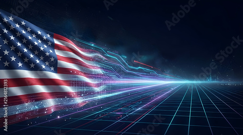 American flag waving dynamically in motion blur with digital grid background for patriotic campaigns Generative AI