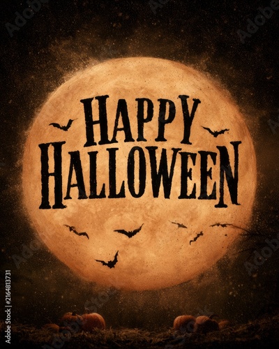 A dramatic Halloween scene showcases a massive full moon illuminated against a dark sky with bats flying and the words 'Happy Halloween' artistically displayed, setting an eerie mood.