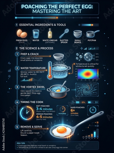Futuristic Infographic Guide for Poaching the Perfect Egg with Culinary Science and Cooking Steps