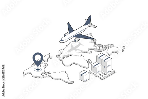 Isometric vector of cargo boxes on a pallet, an airplane, and a world map with a location pin in North America. Concept of global shipping, logistics chain and air freight.