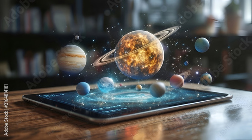 Solar system model with planets orbiting sun on digital tablet screen for education and science Generative AI