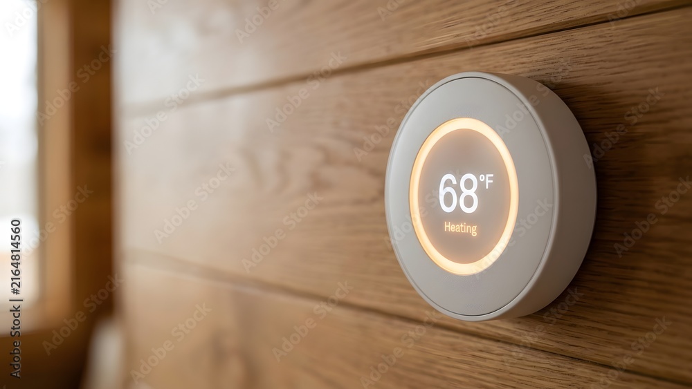 Fototapeta premium Smart thermostat on a wood-paneled wall showing 68 degrees Fahrenheit and heating mode.