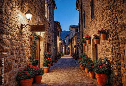 A picturesque Mediterranean-style evening passage lined with lush greenery, vibrant flowers, terracotta pots, ornate wall stands and historic architecture.
