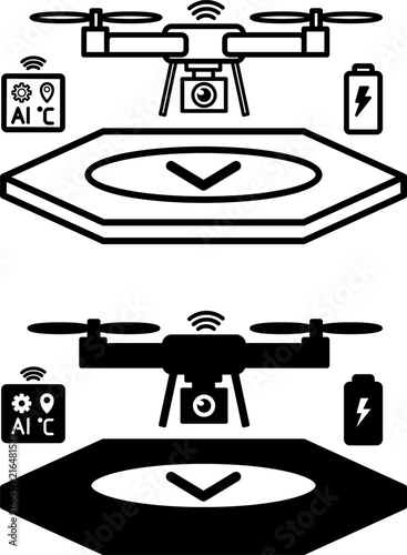Drone Vertiport Hub Icons. Center for Takeoff, Landing, Charging, and Maintenance of Unmanned Aerial Vehicles. Drone with Camera. Autonomous Logistics and Drone Delivery