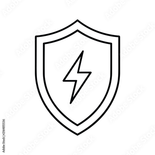 A clean black stroke illustration of a heraldic shield containing a high-voltage lightning strike. This design represents robust security and reliability for electrical systems and power safety.