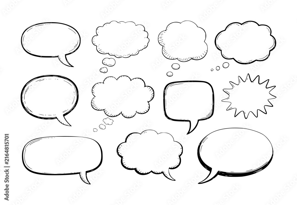 Fototapeta premium A collection of hand-drawn speech and thought bubbles isolated on a white background for comic book