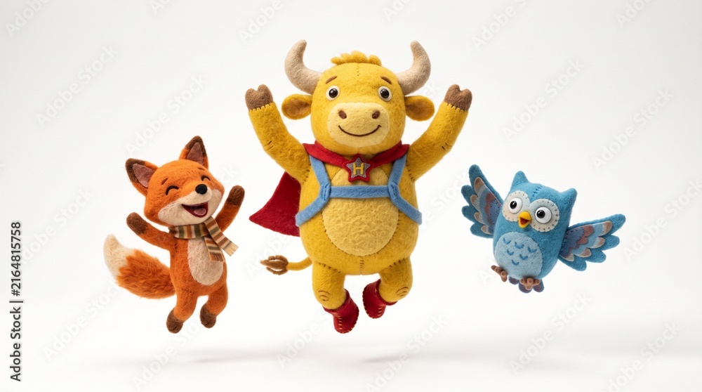 Fototapeta premium Handcrafted felt animal toys jumping in air, cute plush fox bull and owl characters, soft textile nursery decor on white background