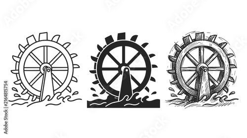 Set of Water Wheels Rotating in River Waves in Three Graphic Styles