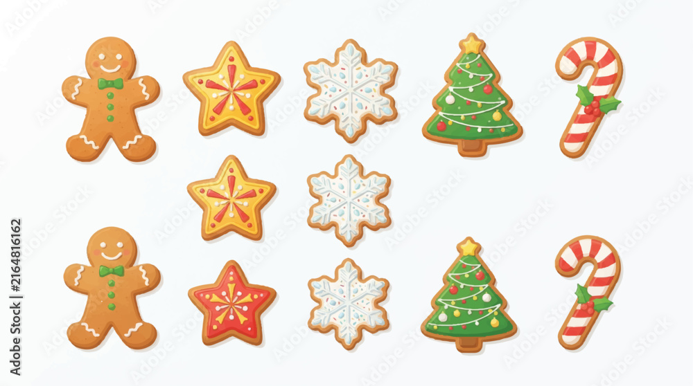 Naklejka premium Assorted Christmas Cookies and Treats: Gingerbread Figures, Stars, Snowflakes, Trees, and Candy Canes on a Festive Platter.