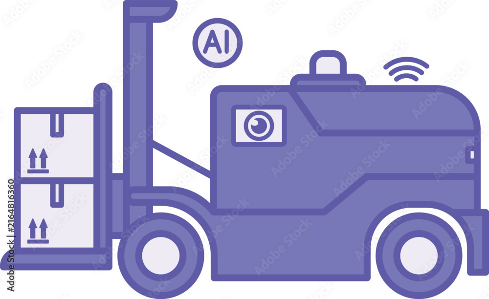 Naklejka premium Purple Autonomous Forklift Icon. Vector Illustration. Unmanned Warehouse Vehicle That Lifts, Transports, and Places Loads on Its Own. Camera, Wi-Fi, and Artificial Intelligence. Autonomous Logistics