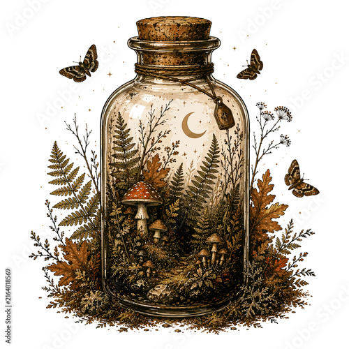 Glass jar containing forest scene with mushrooms and butterflies  