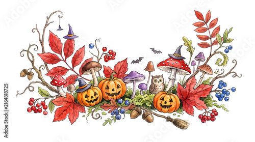 Halloween decorative border with pumpkins mushrooms owl witch hats and autumn leaves.