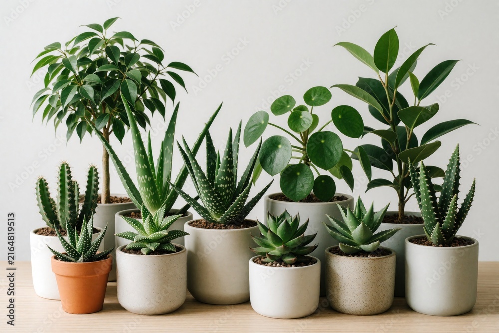 Fototapeta premium Assortment of houseplants including cactus and succulents in pots arranged on a table. Modern, minimalist indoor green plants decor showcasing botanical variety.