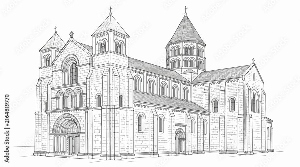 Fototapeta premium Romanesque cathedral line art illustration with towers and stone masonry