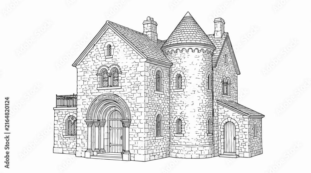 Fototapeta premium Medieval stone manor house coloring page with turret and arched door