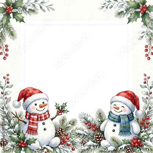 Watercolor Christmas frame with cute snowmen in festive hats and scarves, pine branches, holly berries, and blank space for text