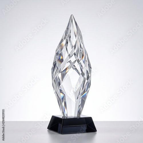 Clear crystal award trophy with faceted flame design on black base for corporate or sports recognition