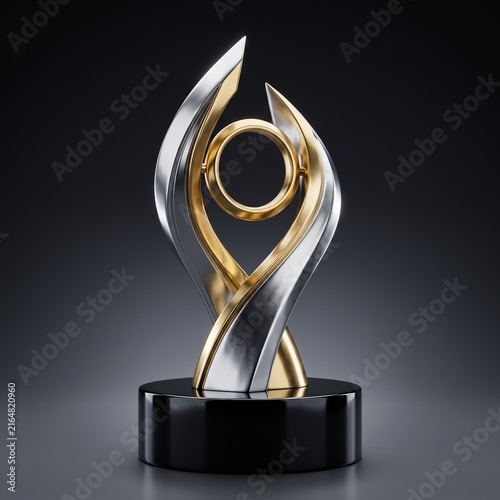 Golden futuristic trophy with sleek metallic design on black base for corporate awards and competitions