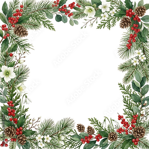 Watercolor Christmas winter floral frame with pine branches, pine cones, red berries, and white flowers, blank space for text