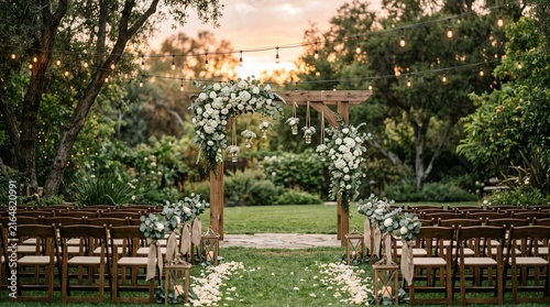 Rustic outdoor wedding aisle with wooden arch and hanging floral decorations at golden hour