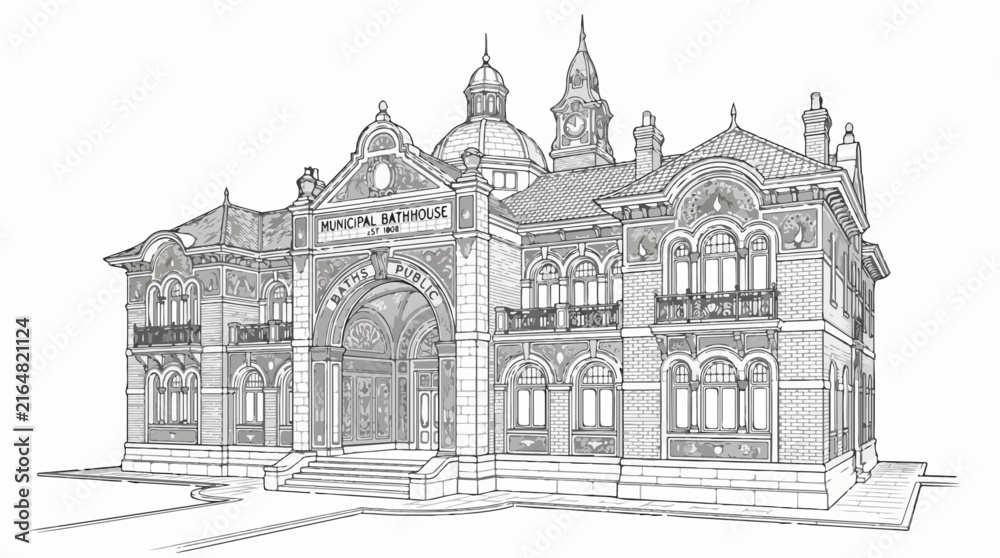 Fototapeta premium Victorian Style Municipal Bathhouse Line Drawing Illustration for Coloring