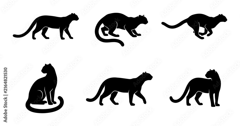 Obraz premium Big Cat Silhouettes Vector Set: Panther, Jaguar, Leopard Poses, Wildlife Icons, Black Animal Graphics