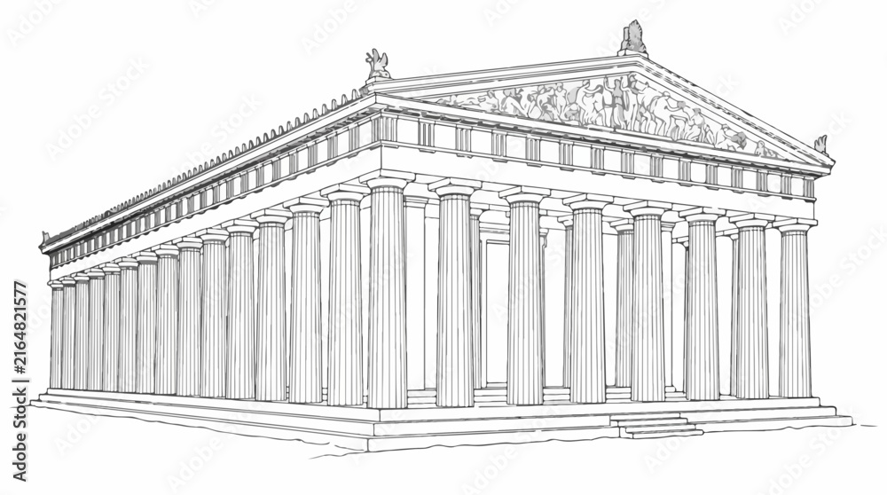 Obraz premium Ancient Greek Temple Parthenon Architectural Sketch Line Art Illustration