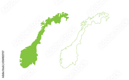 Green silhouette and outline map of norway on white background