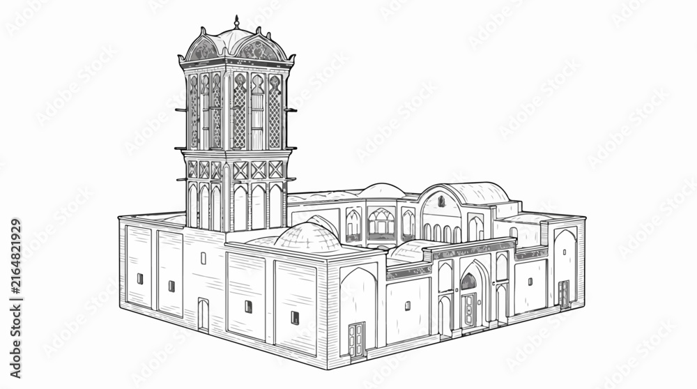 Obraz premium Islamic Architecture Line Art Illustration with Wind Tower and Domes