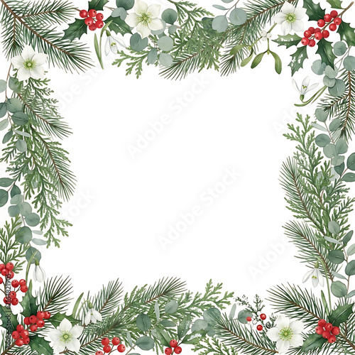 Watercolor Christmas winter floral frame with pine branches, holly berries, white flowers, and eucalyptus, blank space for text