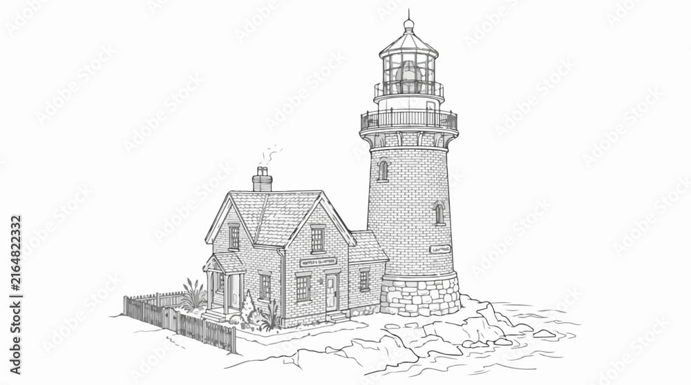 Obraz premium Coastal lighthouse and keeper's cottage line art on rocky ocean shore
