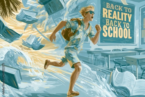 An illustrated scene capturing the contrast between vacation vibes and school life, where a child races into a classroom while books fly around, symbolizing the back-to-school transition.