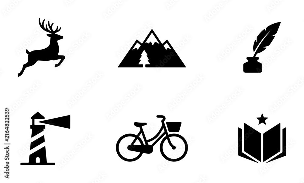 Fototapeta premium Six Vector Icons: Deer, Mountains, Quill, Lighthouse, Bicycle, Open Book, Graphic Elements