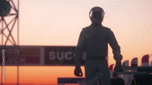 Cinematic Motorsport Scene With Helmeted Racer and Parked Car at Dusk