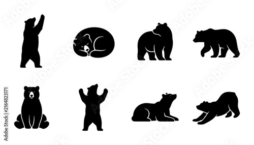 Black Bear Silhouettes Vector Icons: Standing, Sleeping, Walking, Sitting, Stretching, Roaring Wildlife Collection