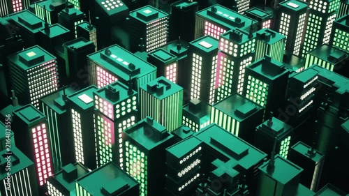 Stylized Aerial View of Neon Metropolis Made From Simple Shapes