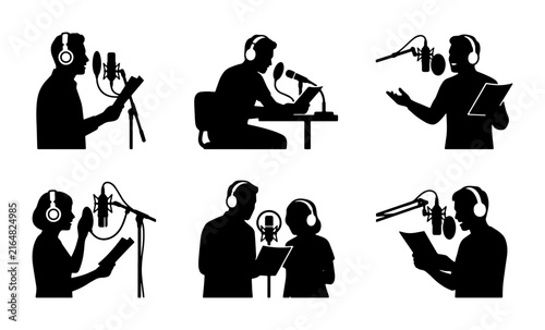 Podcast Recording Silhouettes, Voiceover Artists with Microphones, Audio Production Icons, Studio Sessions
