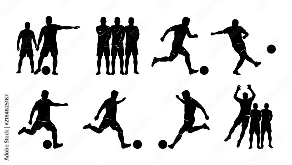 Obraz premium Soccer Player Silhouettes, Dynamic Action Poses Vector Set: Kicking, Running, Team Groupings, Sports Graphics