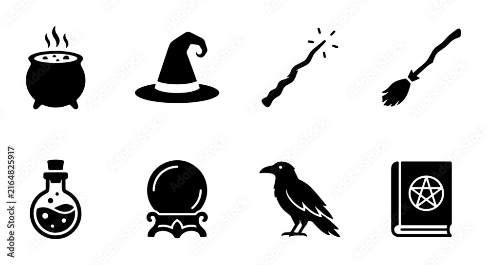 Fototapeta premium Witchcraft Icons Set: Magic Hat, Potion Bottle, Crystal Ball, Broom, Raven, Spellbook, Cauldron, Wand