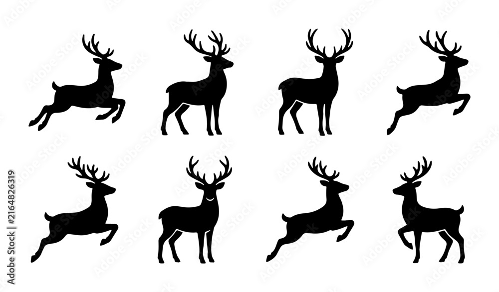 Fototapeta premium Elegant Deer Silhouettes, Majestic Antlered Wildlife, Nature Animal Icons, Vector Graphic Elements for Design