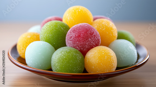 A dish of colorful Japanese dessert mochi.