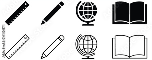 Canvastavla Back to school education icon set, globe, books, pencils, rulers, calculators an