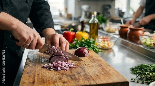 Professional chef chopping fresh red onion on a wooden cutting board in a restaurant kitchen.