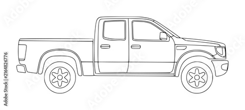 A simple black and white line of a modern pickup truck viewed from the side profile for coloring