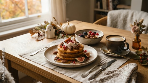 Cozy autumn breakfast table setting with pancakes and Halloween decor, ai generated seasonal morning meal background