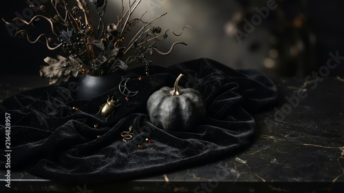 Dark gothic Halloween still life setup with velvet cloth and pumpkin, ai generated spooky seasonal mystic decor background