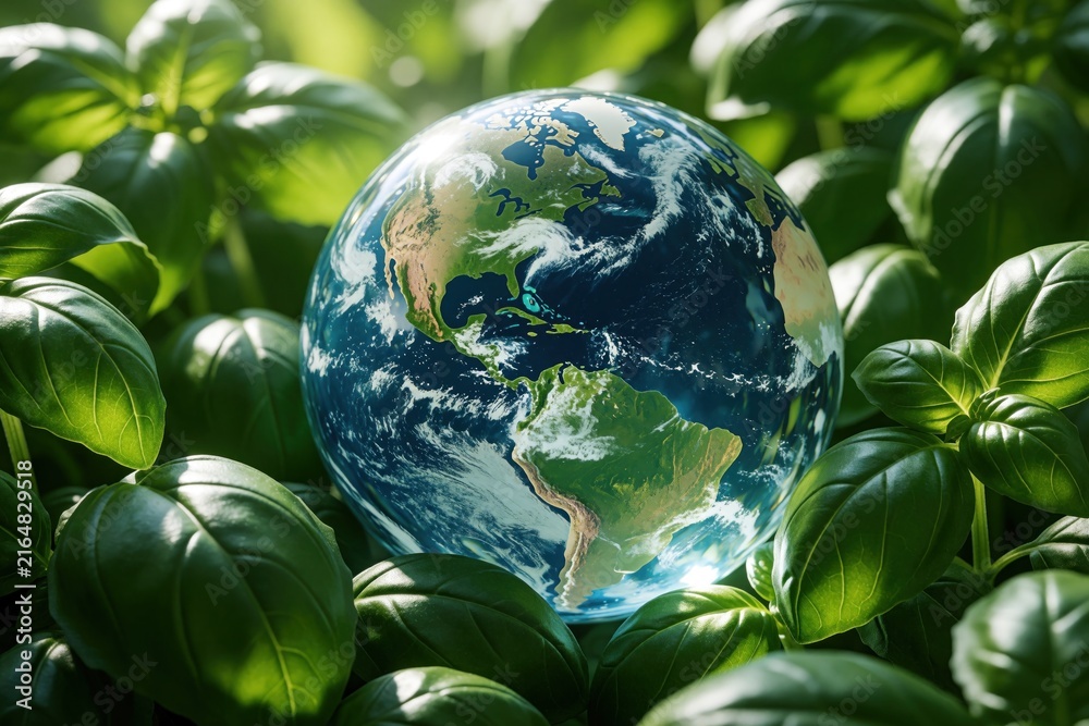 Fototapeta premium Planet Earth rests among fresh green basil leaves, symbolizing eco friendly living and nature. This image relates to sustainable farming and healthy plant based diets.