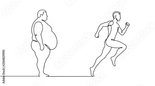 Overweight man and slim running man. Obesity risk and weight loss transformation concept. Continuous one line drawing vector illustration